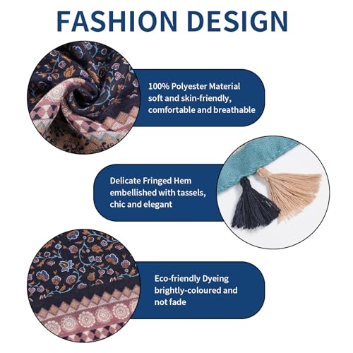 QIUTIMIY Scarf for Women Lightweight Soft Floral Leopard Printed Scarves Fall Winter Fashion Shawl Wrap with Fringe - color: Flower-brown Blue