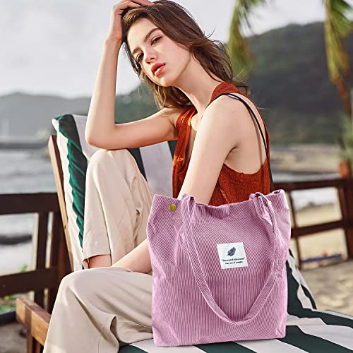 Ayieyill Corduroy Tote Bag for Women Canvas Shoulder Cord Purse with Inner Pocket - color: Pink
