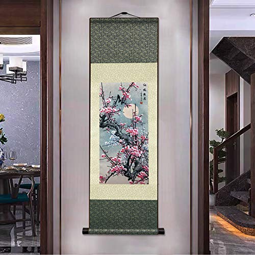 AtfArt Silk Scroll Painting, Asian Wall Art, Red Plum, 36.2x12in - color: C1