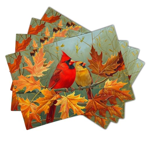 Giwawa Fall Birds Placemats Set of 4, 12"x18" Autumn Trees Maple Leaves Chestnuts Table Mats, Thanksgiving Harvest Heat Resistant Washable Linen Place Mat for Kitchen Dining Holiday Party Decor - color: Fall Birds