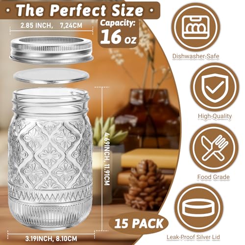16oz Embossed Mason Jars 15-Pack with Airtight Lids and Bands - color: Clear03-16oz