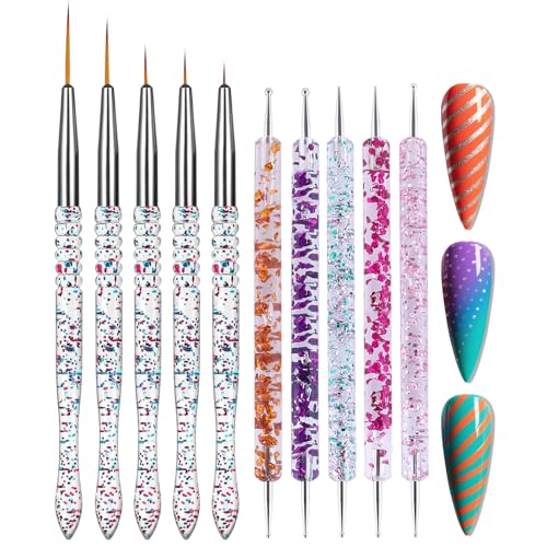 Artdone 10pcs Nail Art Brushes Set, Dotting Tools,Striping Brushes for Long Lines, Thin Details, Sculpting Pattern Tracing Stylus, Ball Embossing Stylu,Fine Drawing Pen For Gel Polish Design Supply - color: 10Pcs