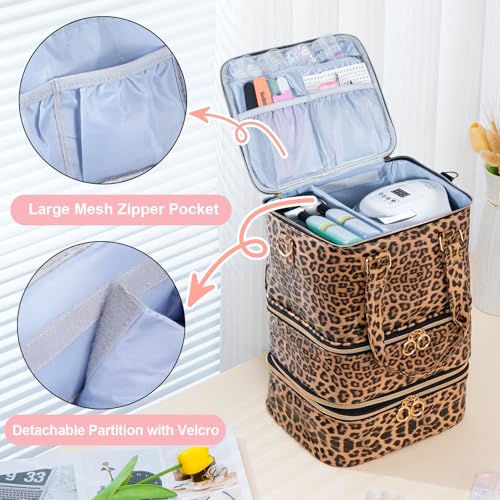 Uross Nail Polish Organizer Bag - Holds 84 Bottles & Lamp, Large Gel Storage Box for Tech Supplies Kit Case - Leopard - color: Leopard-print, size: X Large - 11 x 9.5 x 13 inch (84 bottles)