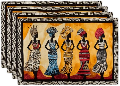 Kwanzaa Placemats Set of 4, African American Christmas Table Mats, Black Women Washable Place Mats for Coffee Bar Home Party Indoor Kitchen Dining Table Decoration 12x18 Inch - color: African American, size: Set of 4