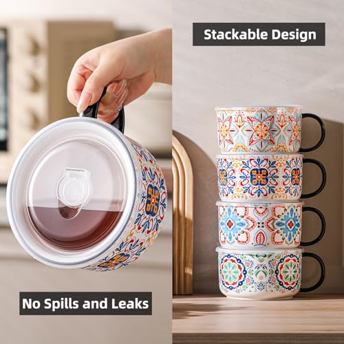 Jumbo Ceramic Soup Bowl with Lid, Microwave Safe - Pattern C - color: Pattern C, size: Set of 1
