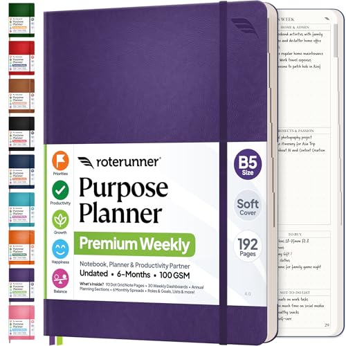 Roterunner Purpose Planner Notebook B5 7.5”x9.8” Undated 2026 Daily Weekly and Monthly Productivity Goal Setting Tool for Work Home ADHD Planner for Adults Self Care Journal (Purple Softcover) - color: Purple, style: B5 Softcover