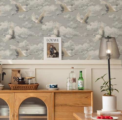 Vintage Crane Cloud Peel and Stick Wallpaper, Chinoiserie Gray Wallpaper - size: 17.7" x 236"