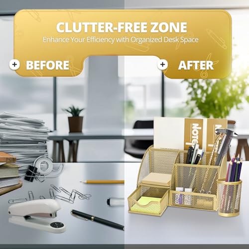 Flexzion Metal Mesh Desk Organizer with Drawer, 6 Compartments, Rose Gold - color: Metallic Rose Gold