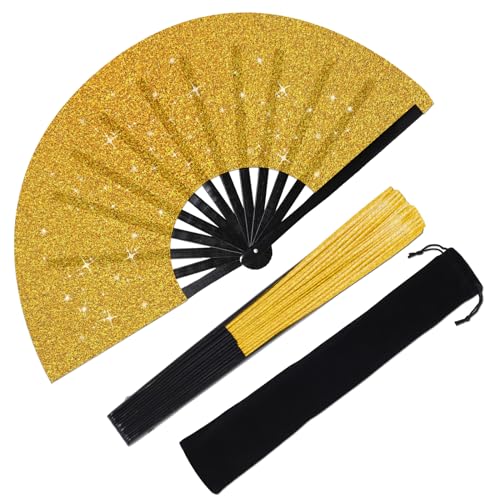 Large Folding Hand Fan Glitter Large Rave Hand Fan, Folding Shiny Hand Fan Clack Handheld Fan Women Handheld Fan with Bag for Festival, Disco Party, Club, Dance, EDM, Home Decoration(Gold) - color: Gold