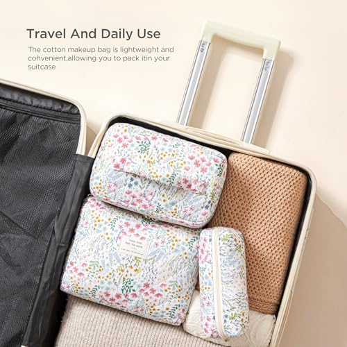 HBselect Quilted Makeup Bag, 3Pcs Cotton Large Travel Makeup Bags Organizer - color: A-3PCS-Floral 41