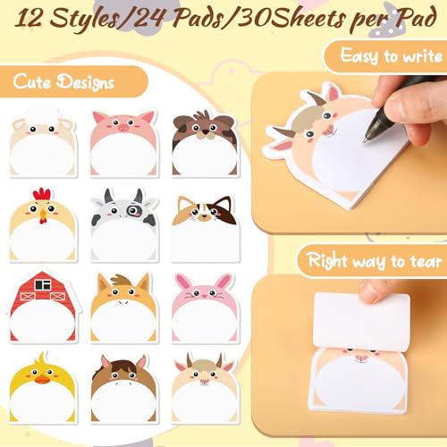 Yinder 24 Pads Farm Animal Sticky Notes, Kawaii Memo Self Adhesive - color: Multicolor, size: Vivid Animals