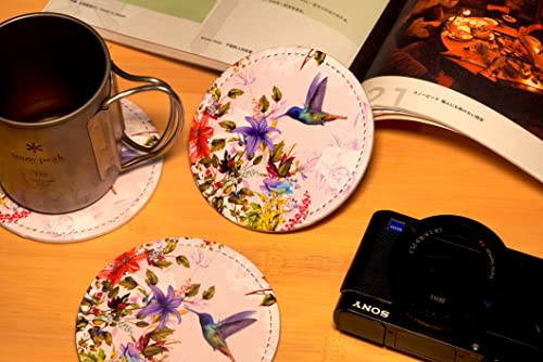 Hummingbirds Bird Flower Coasters for Drinks with Holder Leather Coasters Set of 6 Table Decor Protect Furniture from Water Marks Scratch and Damage - color: Black6