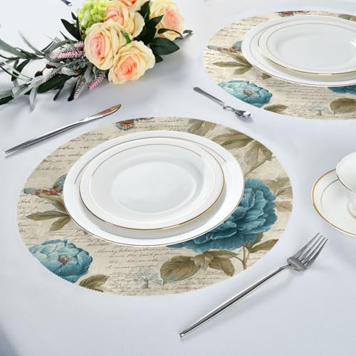 Blue Flower Butterfly Retro Pattern Round Placemats Washable ‌Heat Resistant‌ ‌Non-Slip Place Mats Table Place Mat for Kitchen Dining Set of 6 - color: Blue Flower Butterfly Retro Pattern, size: 15.4x15.4inx6
