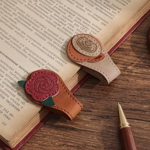 2PCS Vintage Magnetic Leather Bookmark, Leather Magnetic Bookmarks for Women, Magnetic PU Bookmarks Clip Book Accessories - style: Rose&Coffee