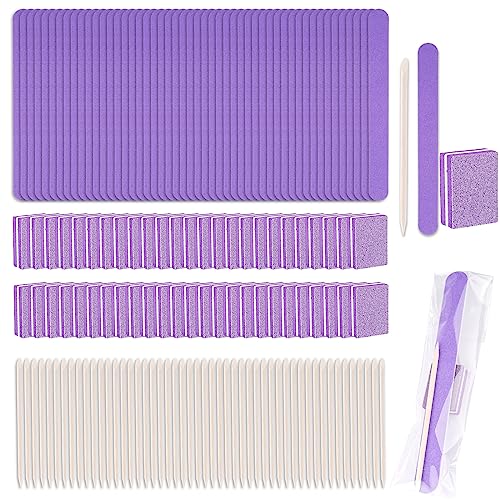 50 Set Disposable Manicure Kit, Including 50pcs Mini Nail Buffer, Nail File, Wood Stick, OPP Bag, Press on Nail Tool Kit for Salon Home (Purple)