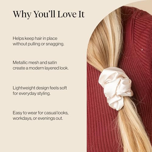 Kitsch Metallic Mesh & Satin Scrunchies For Women - Cream & Gold, 2pcs - color: Cream & Gold