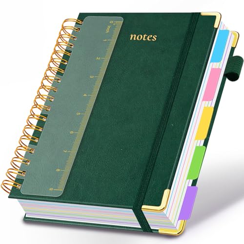 Hardcover Spiral Notebook 8"x10" Journal Notebook with Tabs and Removable Dividers 300 Pages 5 Subject Notebook College Ruled, Faux Leather Spiral Bound Notebook for Women School Work (Green) - color: Green, size: 8"x10"(B5)