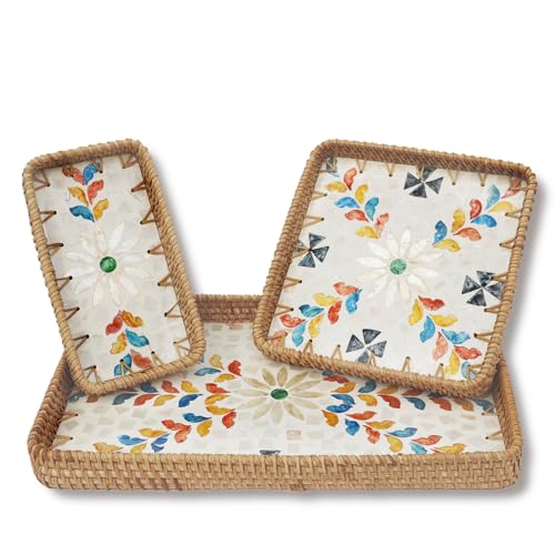 Rattan Serving Tray with Mother of Pearl Inlay,Set of 3 Wicker Serving Tray Boho,Hand-Woven from Natural Rattan, Serving Baskets for Home Decor and Coffee Table Decor (Boho Mosaic Bloom) - color: Boho Mosaic Bloom