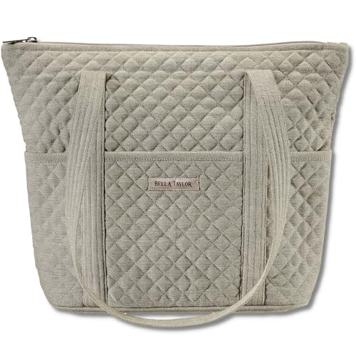 Bella Taylor Stride Tote, Quilted Shoulder Bag for Women - color: Khaki Chambray