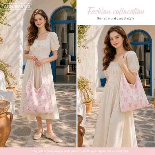 hatisan Crochet Bag for Women, Handmade Knit Beach Tote Bag Summer - color: Pink Bows