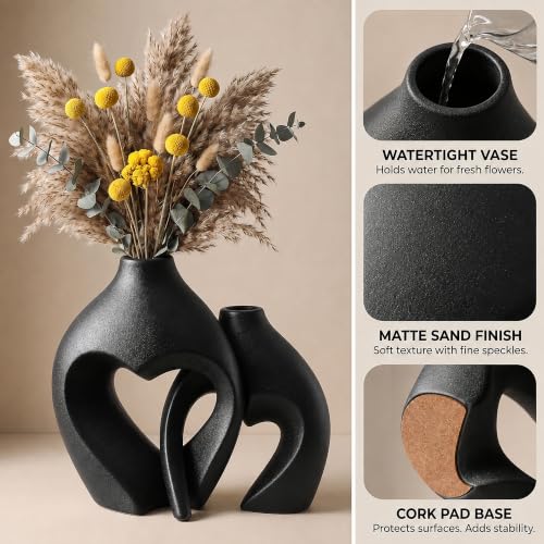 Modern Ceramic Flower Vases Home Decor Heart Shaped Vase Set of 2 Black - color: Black