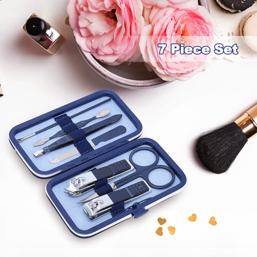 Manicure Set-Stainless Steel Nail Care Set-Professional 7 in 1 Ingrown Toenail Clipper Grooming Tool-Pedicure Kit & Toe Nail Cutter-Thick Nail Scissors Toiletries with Cuticle Trimmer (Blue) - color: Blue