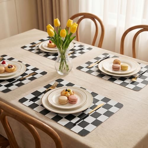 Set of 6 Checkerboard Non-Slip Washable Placemats for Dining Table - color: Black