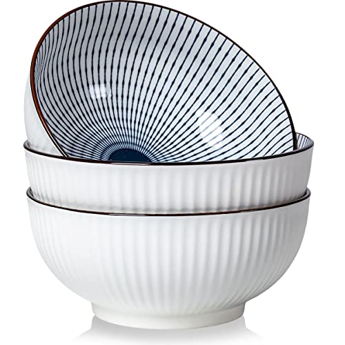 Houlu 60 oz Pho Bowls, Large Soup Bowl, Japanese Ramen Bowl Set, 8 inches Big Porcelain Bowls Set of 3, Striped Pattern - color: Striped Pattern
