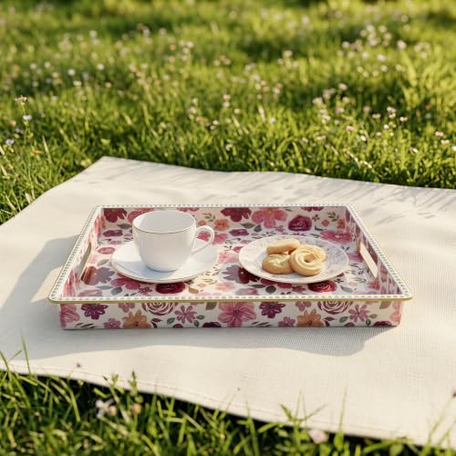 Rectangular Plastic Serving Tray with Handles, Burgundy Watercolor Floral Print with Gold Rim, Vintage Tray for Breakfast, Coffee, Tea, Home Decoration and Party, 15.7" x 11.8" x 1.57" - color: Red&white