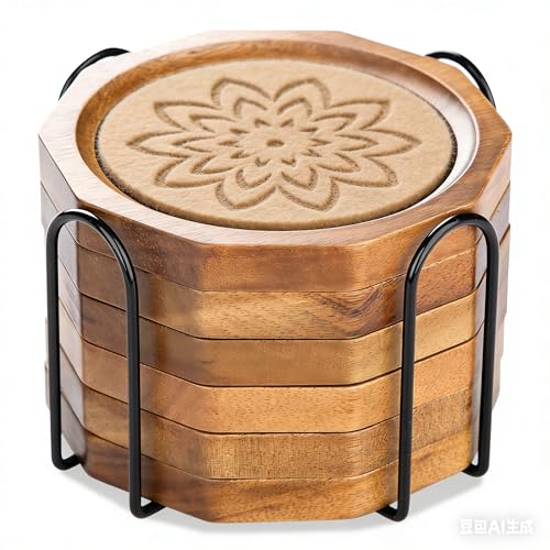 Wood Coasters for Drinks Absorbent with Lip, 4.3 Inch Acacia Wood Camel Felt Coaster with Holder for Wooden Coffee Table for Cups, Mugs, and Glasses - Set of 6 - color: ‌camel