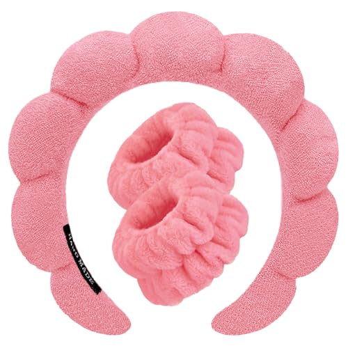 Spa Headbands for Washing Face Wristband Set Sponge Makeup Skincare Headband Wrist Towels Bubble Soft Terry Towel Cloth Hairband for Women Puffy Headwear Non Slip Thick Thin Hair Headwear (Rose red) - color: Rose red