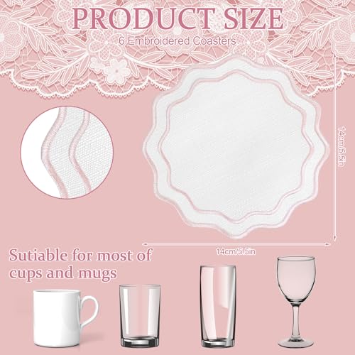 Set of 6 Pink Cotton Linen Coasters 5.5 Inch Embroidery Scalloped Coasters Floral Drink Mats for Table Decor Washable Fabric Cup Mats for Wedding Tea Party Festival Spring Holiday Entertaining - color: Pink