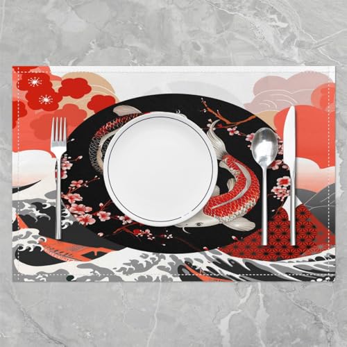 Feelyou Japanese Koi Fish Placemats Set Set of 4 18"x12" - color: Red Black Grey