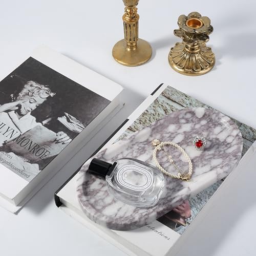 Koville Real Luxurious Natural Marble Vanity Tray, 10"x5" Calacatta Viola Marble Catchall Tray for Bathroom, Stone Perfume Trays Jewelry Dish for Dresser, Genuine Stone Storage Tray for Home Decor - color: Calacatta Viola White