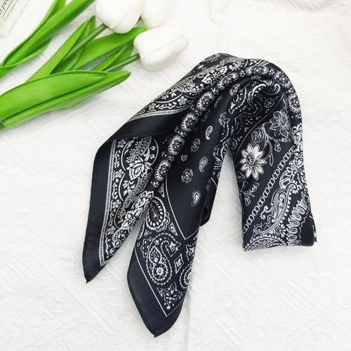 100% Mulberry Silk Neck Scarf for Women Square Neckerchief – 21 inch - color: Black Pattern