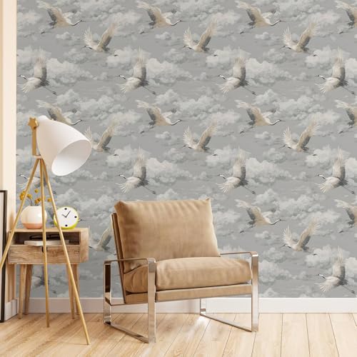 Vintage Crane Cloud Peel and Stick Wallpaper, Chinoiserie Gray Wallpaper - size: 17.7" x 236"