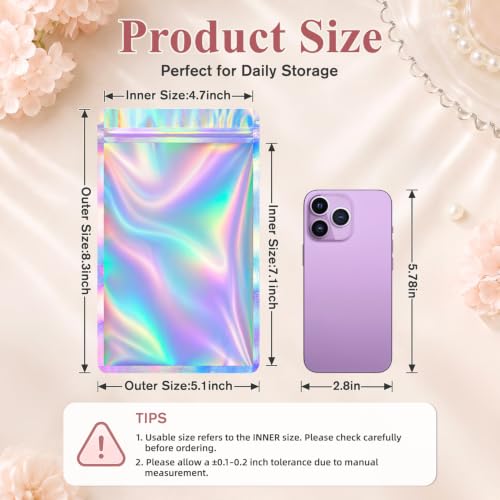 Funfery 100 Pcs Resealable Clear Holographic Bags,Smell Proof,5.1x8.3in - color: Holographic, size: 5.1x8.3 inch