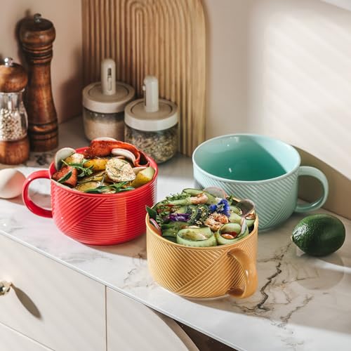 Ceramic Soup Bowl with Handle, 38 oz Microwave Safe, Yellow - color: Mustard Yellow