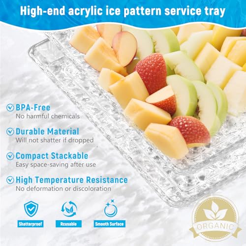 GLITCHCORE 4-Pack Premium Acrylic Serving Trays - 15x11 Extra Thick Reusable Platters - Shatterproof Ice-Pattern Food Trays for Party, Catering, Wedding & Kitchen Organization - BPA-Free