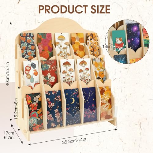 Ebrima Bookmark Display Stand, Wood Bookmark Holder Display for 2”, Adjustable Stand, 15 Compartments, Portable Versatile Holder for Vendor, Craft Fairs, Retail Store Shop, Home decor