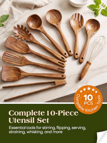 AIUHI 10Pcs Wooden Kitchen Utensils, Teak Wood Utensil Set for Kitchen, Heat-resistant Wooden Spoons for Cooking, Nonstick Wood Spatula Soup Ladle Tong Egg Whisk
