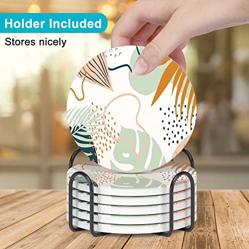 Coasters for Drinks, Set of 6 Cute Absorbent Ceramic Drink Coasters - color: Boho Leaves