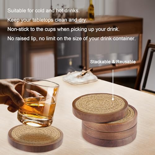 Wood Coasters for Drinks, Eykao Absorbent Coaster Sets of 5, Woven Drink Coasters for Coffee Table, Housewarming Gift for Farmhouse Home Decor,4 inches - color: Brown