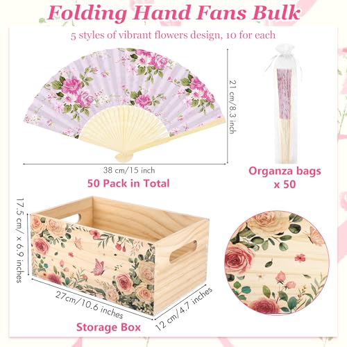 Aodaer 50 Pack Tea Party Favor Floral Printed Hand Fans with Organza Bags Bulk Wooden Storage Box Retro Pattern Paper Handheld Folding Fans for Spring Picnic Bridal Shower Wedding Bridesmaid Gifts - style: Tea Party