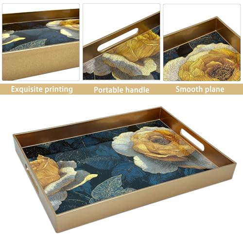 Serving Tray with Handles, 15.7 * 11.8 inches, Plastic Ottoman Tray with Exquisite Paintings, Trays for Coffee Table - color: Golden Rose Night