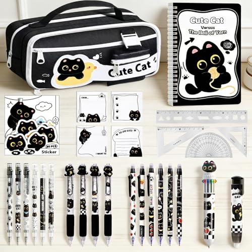 Black Cute Cat Stationery Set,School Supplies with Sticky Notes,Pencils