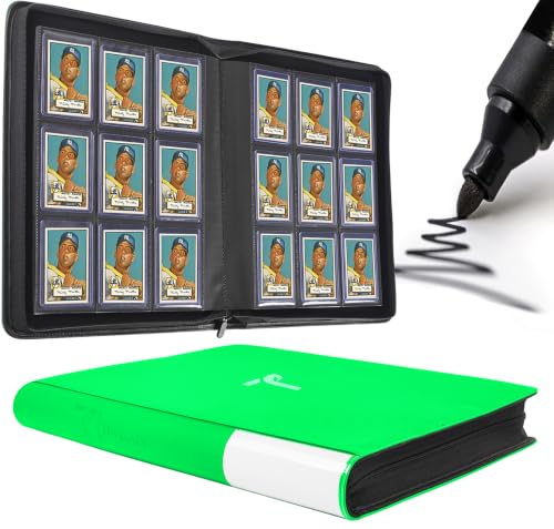 Top Loader Binder 9 Pocket, Holds 360+ Cards in 3" x 4" Toploaders, Ringless 20 Double-Sided Sleeves, Side-Loading, Spine Label with Maker Pen Toploader Binder for TCG, MTG, Sports Cards - color: Fluorescent Green, size: 9-Pocket, Holds 360 Cards