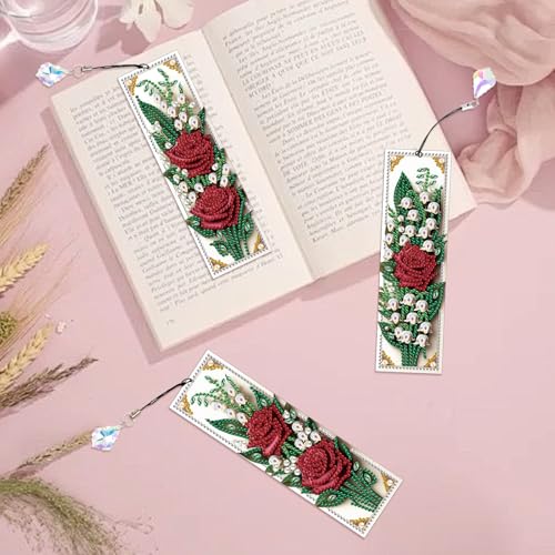 Tontut 3pcs Diamond Art Painting Kit Bookmarks, Brilliant Red Roses Exquisite General DIY Bookmarks, Lightweight and Durable, Suitable for Reading Lovers - color: Red Roses