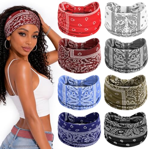 Awumbuk Wide Headbands for Women Knotted Non Slip, Soft Moisture Wicking Head Bands for Workout Sports Yoga 8 Pack - color: Paisley green