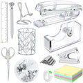 Office Desk Accessories, Acrylic Stapler, Staple Remover, Tape Holder, Pen Holder, Ballpoint Pen, Scissor, Binder Clips, 1000pcs Staples, Phone Holder, Ruler, Transparent Glue and 300 Notes - color: Silver